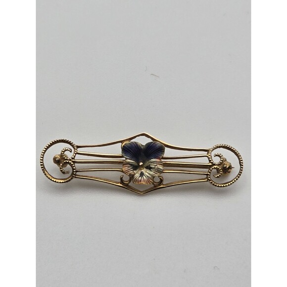 Antique Art Nouveau 10k Gold Enamel Pansy Brooch - Picture 3 of 7